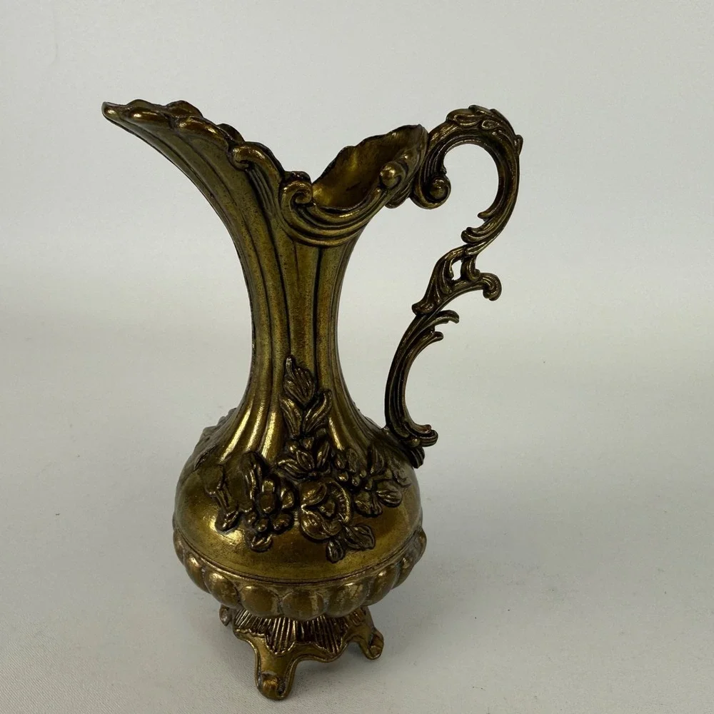 Vintage Italian Brass Floral Vase Pitcher Made In Italy Ornate Patina Metal READ